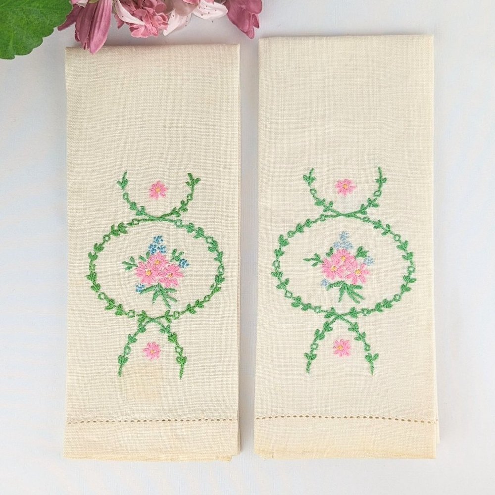 Pair of Embroidered Linen Tea Towels Vintage Cream Linen Hand Towels Pink Floral
